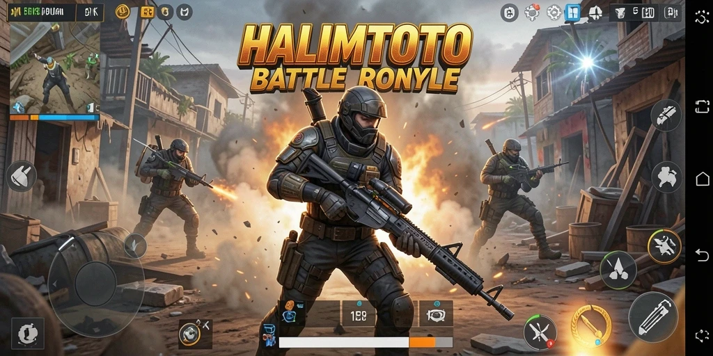 Tangkapan layar HALIMTOTO menunjukkan aksi pertempuran seru di tengah arena Battle Royale.