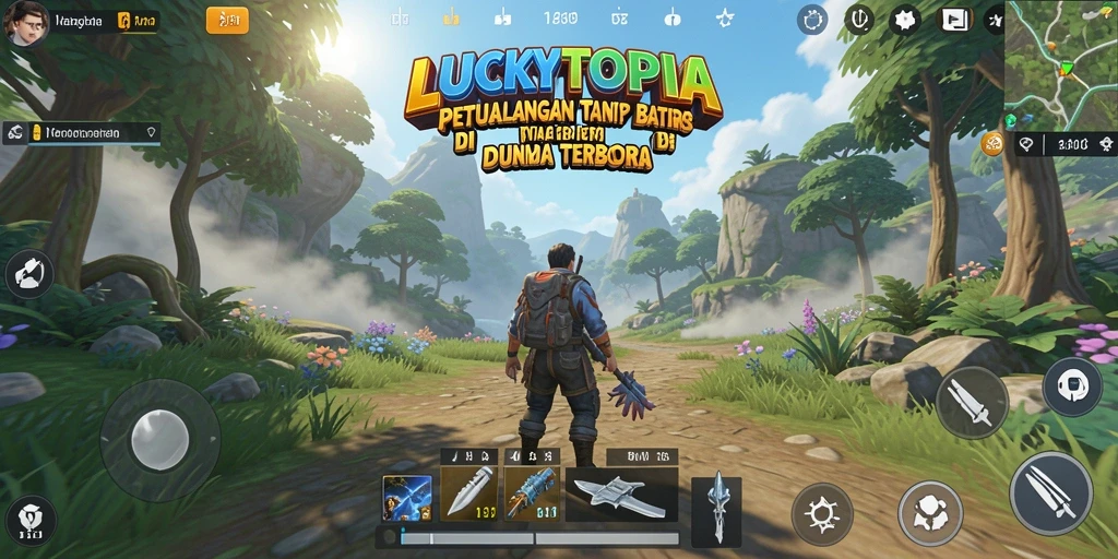 Gameplay LUCKYTOPIA dalam dunia terbuka yang menakjubkan.