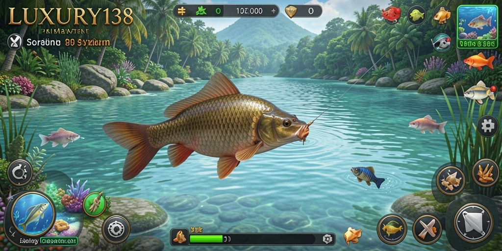 Screenshot gameplay LUXURY138 menampilkan aksi memancing yang mendebarkan.