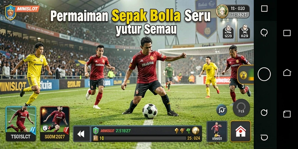 Tangkapan layar dari MINISLOT yang menunjukkan aksi pertandingan sepak bola yang intens.